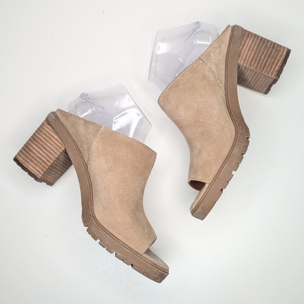 Lucky Brand Dalliey Suede Mules Tan Beige Open Toe Chunky Platform Heels Size 8 - Picture 6 of 8